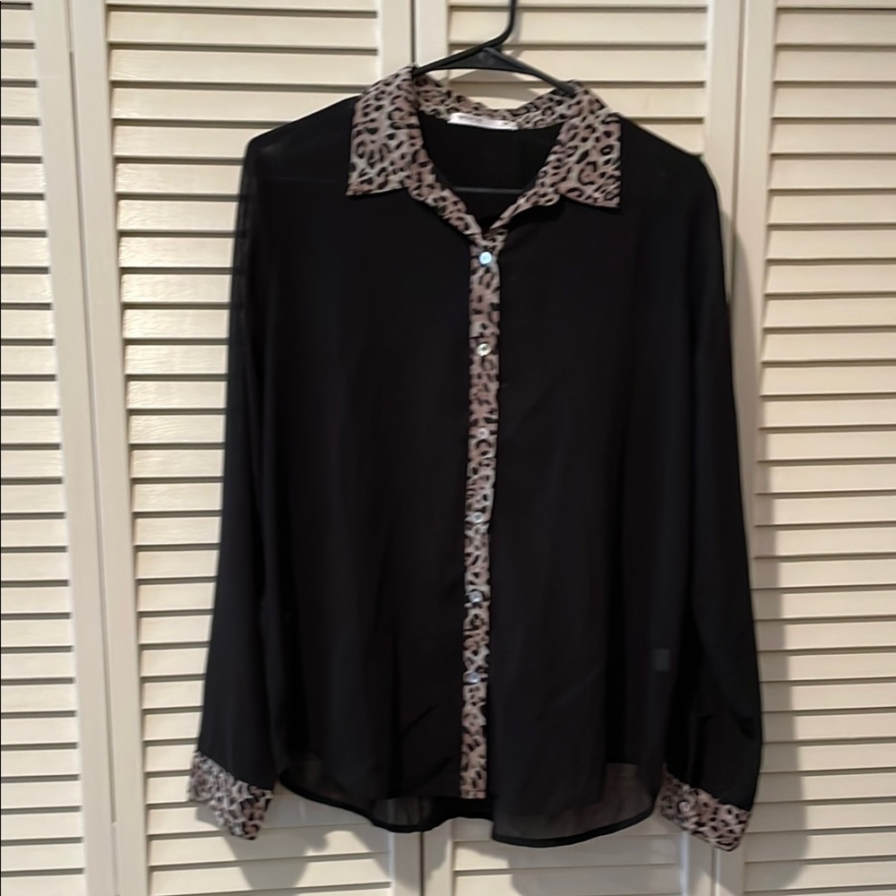 Sheer Black Leopard Trim Women’s Blouse - medium